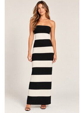 Club Monaco Black White Striped Strapless Knit Maxi Dress Size Medium